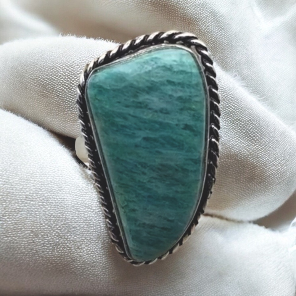 New Amazonite Stone Silver Overlay Ring Size 7.5